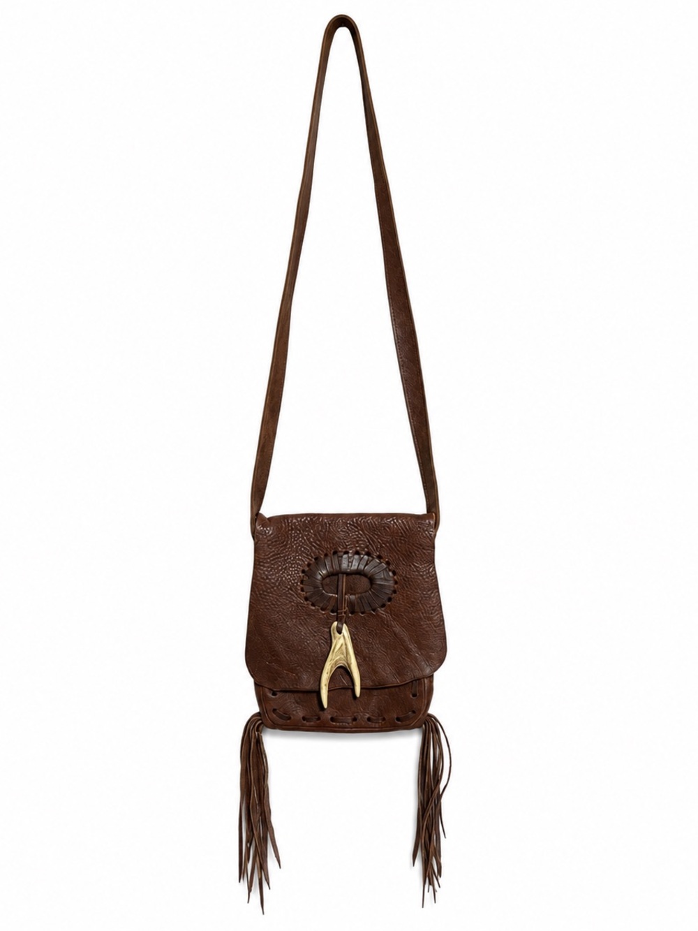 Jimmi Wz Brown Leather Fringe Crossbody Bag Antler Closure